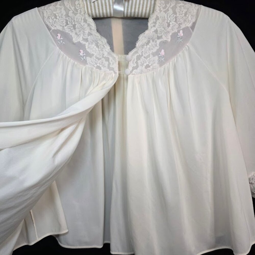 Vintage Shadowline Bed Jacket Pink Lace Trim Embroidered Pink Flowers M - Picture 6 of 12
